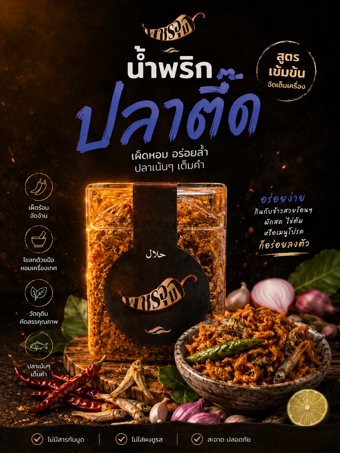 น้ำพริกปลาตี๊ด น้ำพริกเพชรอุมา (วัตถุดิบสกัดจากดอกเกลือบริสุทธิ์)