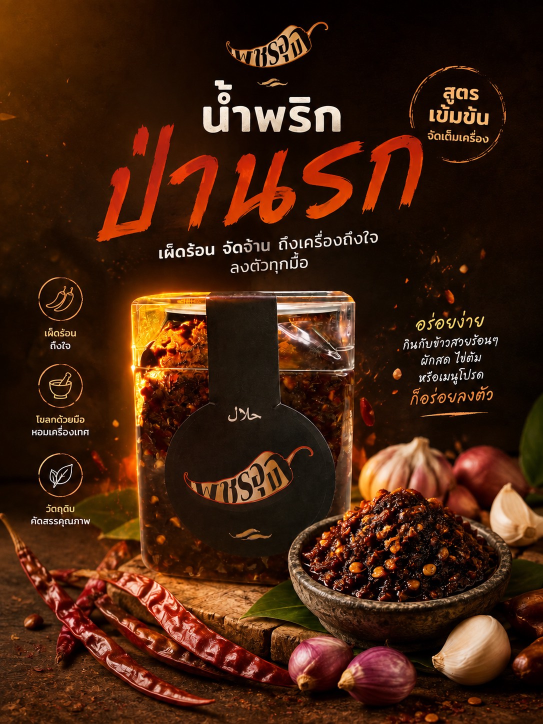 น้ำพริกป่านรก น้ำพริกเพชรอุมา (เผ็ดจัดจ้าน) สกัดดอกเกลือบริสุทธิ์ ในการปรุงรสชาติรับประทานควบคู่กับอาหารได้ทุกเมนู